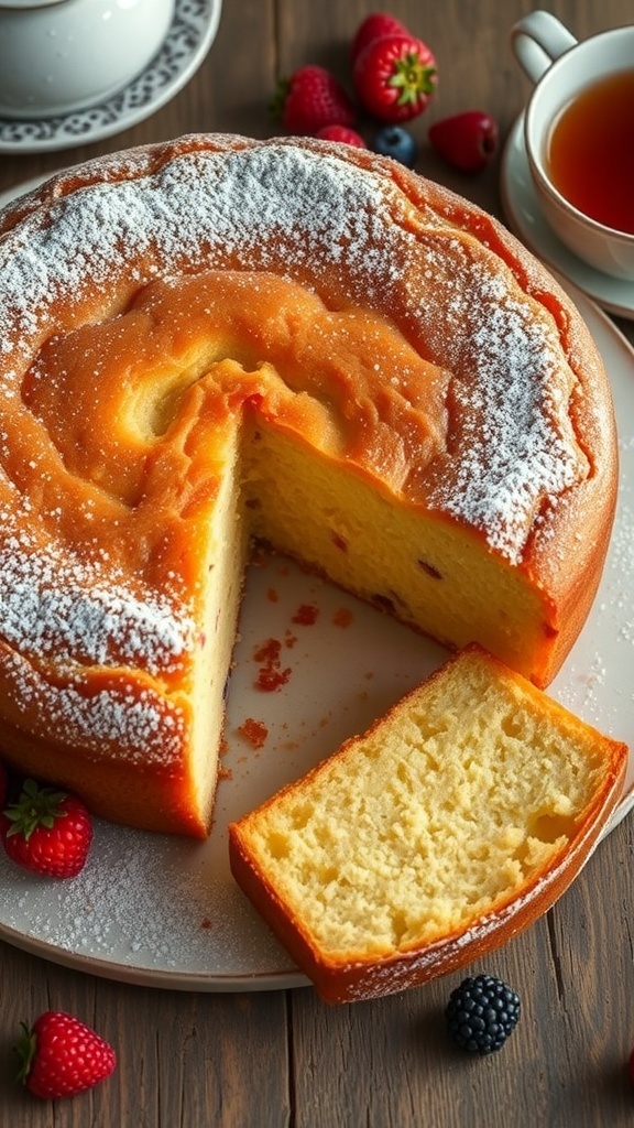 Classic Butter Sugar Cake Recipe A golden butter sugar cake dusted with powdered sugar, served with fresh berries and tea.